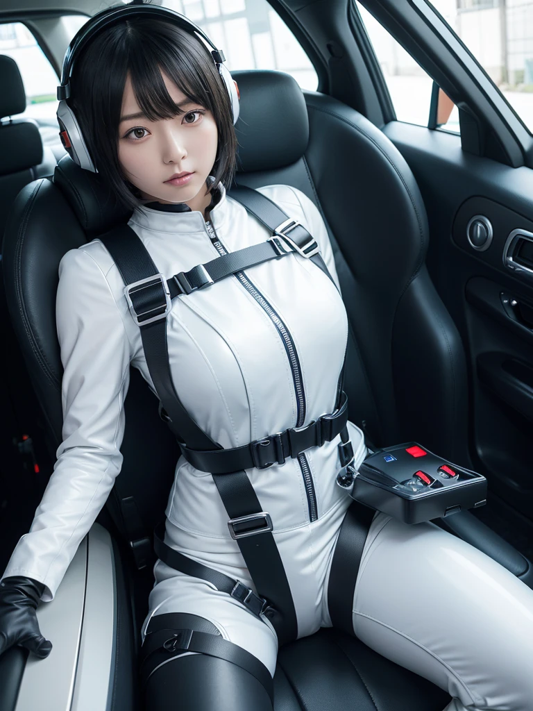 Japanese female android,Black Hair,Space capsule,The person is completely secured in the seat with the backrest reclined by a thick harness belt.,Plump,Spread your legs,Squat,Shiny white robot suit,Surrounded by switches and monitors,A helmet that completely covers the head,