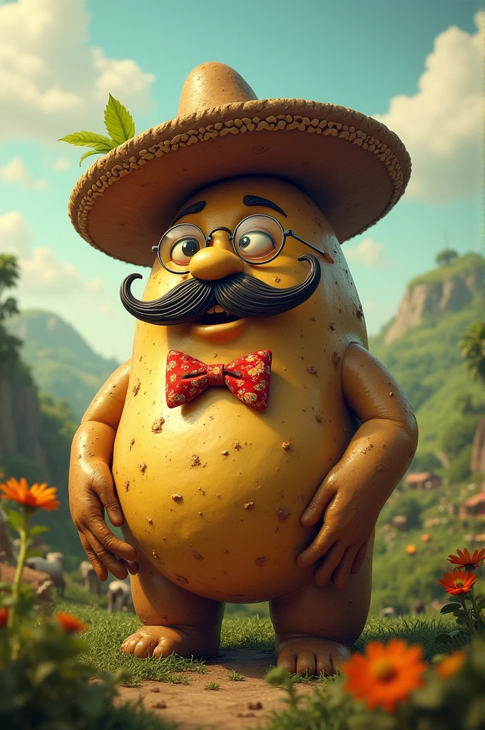 Hello! You could create a god of a religion that is a living potato that wears a Mexican-style mustache.? I would like you to wear a hat, monocle and a bow