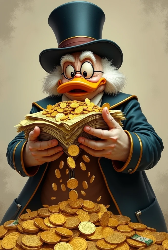 uncle scrooge with glasses holding billionaire money gold