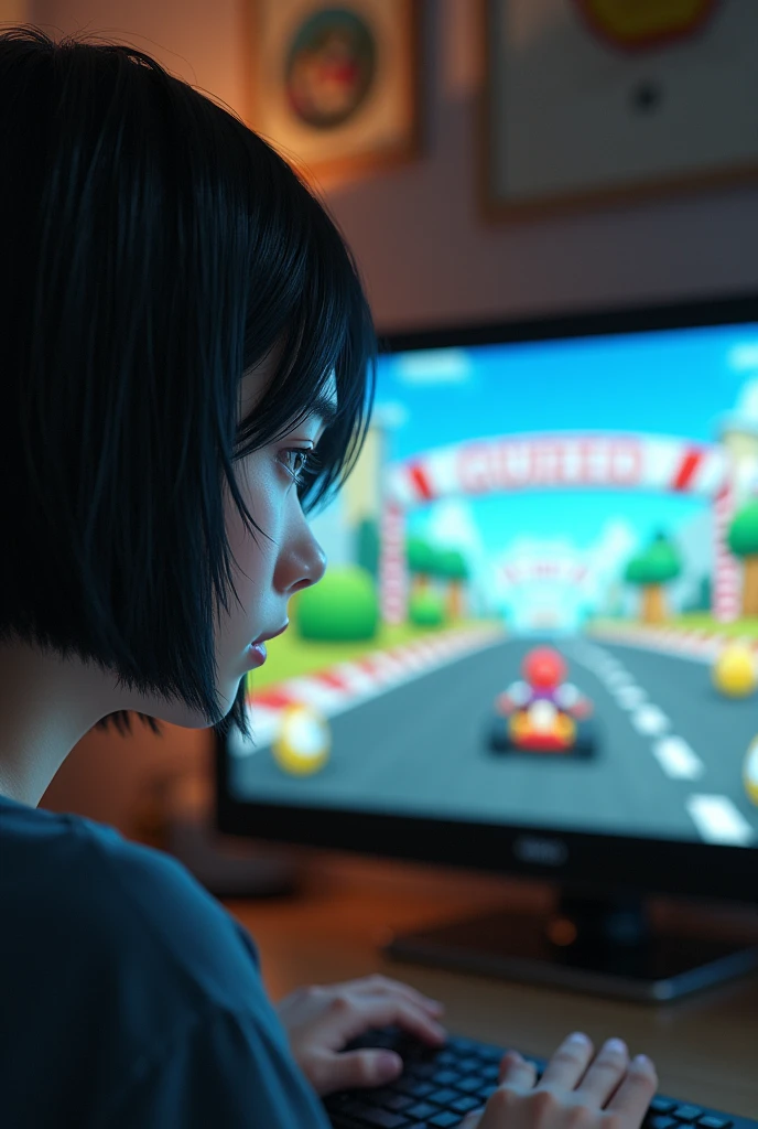 Depressed girl、Japanese、Black Hair、Bobcut、Mario Kart、race、Real、Finish like a photo