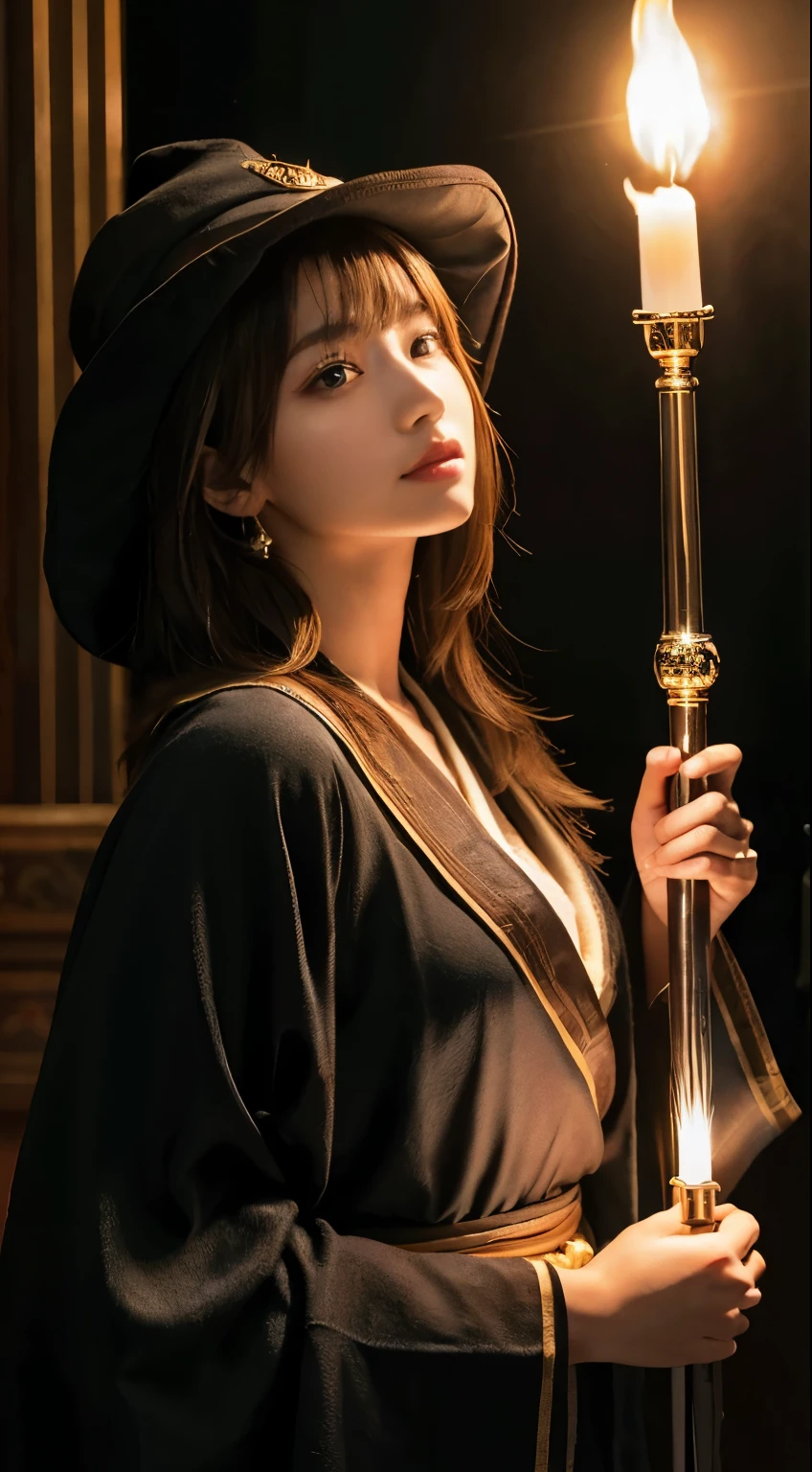 (highest quality,8K quality,masterpiece:1.3,),(超A high resolution,Photorealistic:1.4,Raw photo),(Ultra-detailed,Caustics,Perfect Anatomy),(Ultra-Realistic Capture,Beautiful and detailed skin),living room,2,Black short bob,heavy,Looking into the camera,Bust up shot,(Low angle),Warm lighting,Wizard Robe、A wizard holding a large wand in his hand、Wearing a wizard's hat、Beauty