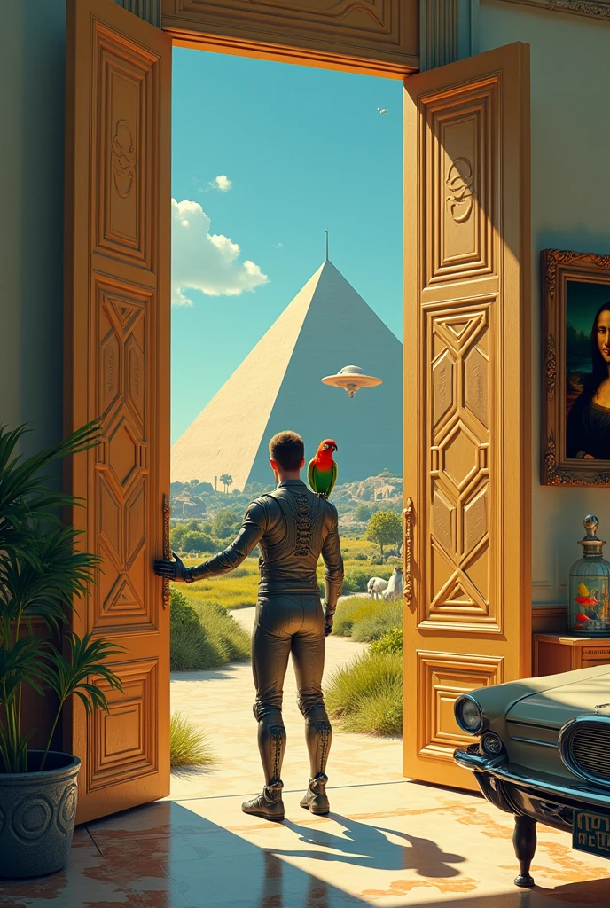 Un homme avec des vêtements futuristes pousse des deux mains des portes futuristes avec des figures géométriques de couleurs différentes sur la porte et devant lui une pyramide avec de l'herbe et des animaux ,le tout ressemblent à la peinture que j'ai publié et un robot et à côté devant une des portes et le personnage caucasien avec un Péroqué sur l'épaule et un aspect baroque est légèrement ajouté une soucoupe volante est ajouté et un extra terrestre petit gris,le personnage se tient droits les jambes légèrement écartées en poussant les portes il y a des mécanismes et horlogerie sur les portes et une voiture ancienne améliorée venus du futur ajouté une grande bouteille d'eau avec un bateau sur l'eau dans la bouteille et des poissons tout les détails son de la description sont dans l'image et n'oublions pas l'eau dans la bouteille avec les poissons avec le tout il faudrait un tableau de la Joconde accroché au mur