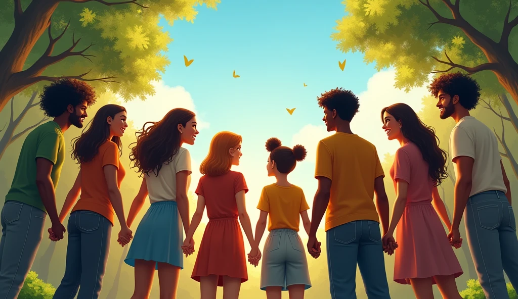 A diverse group of people gathered together in a circle, Holding hands. The background is a park with trees and a sunny sky.. Vibrant colors and harmonious composition, transmitting unity and strength.