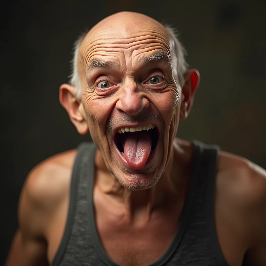 An old man sticking out his tongue and making a nasty expression（Tank top、Close-up of face）: "Draw a lifelike, realistic close-up image of an elderly man with a bald head, wearing a tight tank top and sticking out his tongue slightly with a leering smile. His expression is a mix of playfulness and suggestiveness, with his eyes sparkling with mischief. The background is softly blurred to keep the attention on his playful yet slightly inappropriate expression."