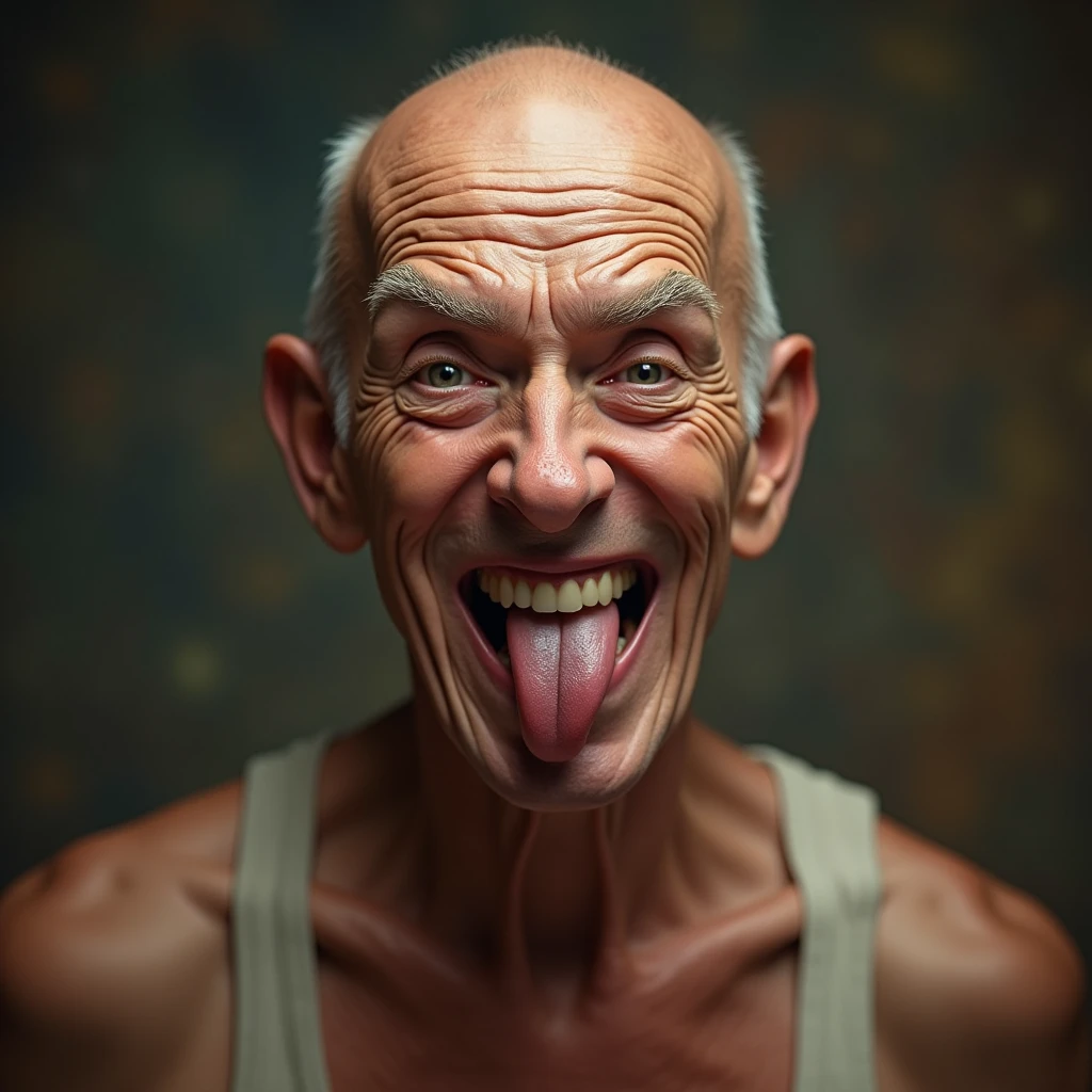 An old man sticking out his tongue and making a nasty expression(Tank top、Close-up of face): "Draw a lifelike, realistic close-up image of an elderly man with a bald head, wearing a tight tank top and sticking out his tongue slightly with a leering smile. His expression is a mix of playfulness and suggestiveness, with his eyes sparkling with mischief. The background is softly blurred to keep the attention on his playful yet slightly inappropriate expression."