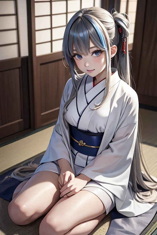 master piece,highres,4k.8k,Lifelike:1.2,Close-to-reality1.5,
full body,
Greige hair, ((highlights hair, Blue streaked hair:1.0)),
long hair,swept bangs,half updo,
glamorous,
mischievous,eighteen years old,
full body,full body,full body,
break,
Traditional Kimono,白に淡いピンク,帯は白,
Peaceful Zen Gardens,