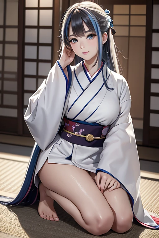 master piece,highres,4k.8k,Lifelike:1.2,Close-to-reality1.5,
full body,
Greige hair, ((highlights hair, Blue streaked hair:1.0)),
long hair,swept bangs,half updo,
glamorous,
mischievous,eighteen years old,
full body,full body,full body,
break,
Traditional Kimono,白に淡いピンク,帯は白,
Peaceful Zen Gardens,