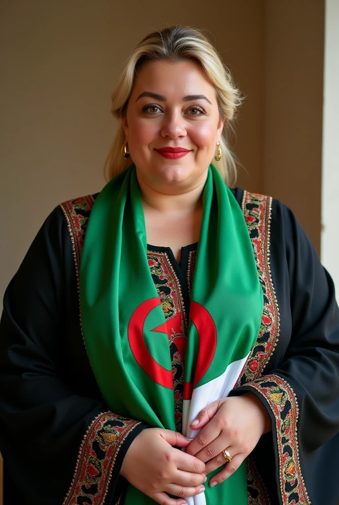 Close up, woman, blonde, plump, wearing a black caftan with a modern embroidered pattern, holding the Algerian flag around her neck in white and green, looking directly at the camera, she is standing on Algeria Weddings 2024
