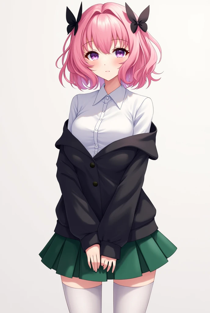 
Make an image with these characteristics: Nino nakano anime girl with short wavy shoulder length hair, with black butterfly bows, one on each side, pink and bangs, white complexion purple eyes fading to blue, beautiful eyelashes thin face, slim build but with big bust and big butt, with a white button-down collar shirt, a black sweater in sima, white stockings that reach mid-thigh, green pleated mini skirt, black medium heels