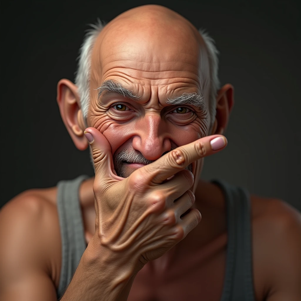 An old man with a nasty smile and his hand over his mouth(Tank top、Close-up of face): "Create a realistic close-up image of an elderly man with a bald head, wearing a tank top, with one hand raised to his mouth as he gives a sly, suggestive smile. His expression is mischievous and teasing, with a hint of playful naughtiness. The background is softly blurred, keeping the focus on his cheeky and suggestive expression."
