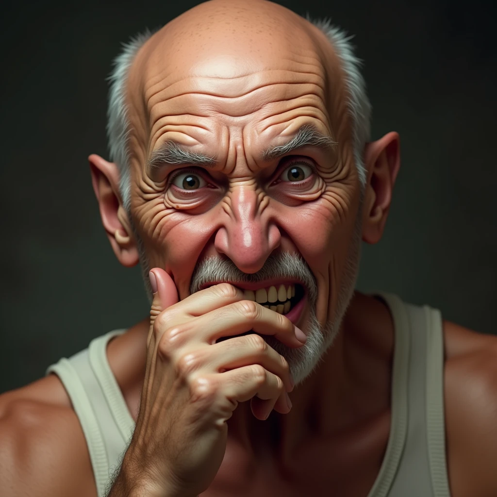 An old man with a nasty smile and his hand over his mouth（Tank top、Close-up of face）: "Create a realistic close-up image of an elderly man with a bald head, wearing a tank top, with one hand raised to his mouth as he gives a sly, suggestive smile. His expression is mischievous and teasing, with a hint of playful naughtiness. The background is softly blurred, keeping the focus on his cheeky and suggestive expression."