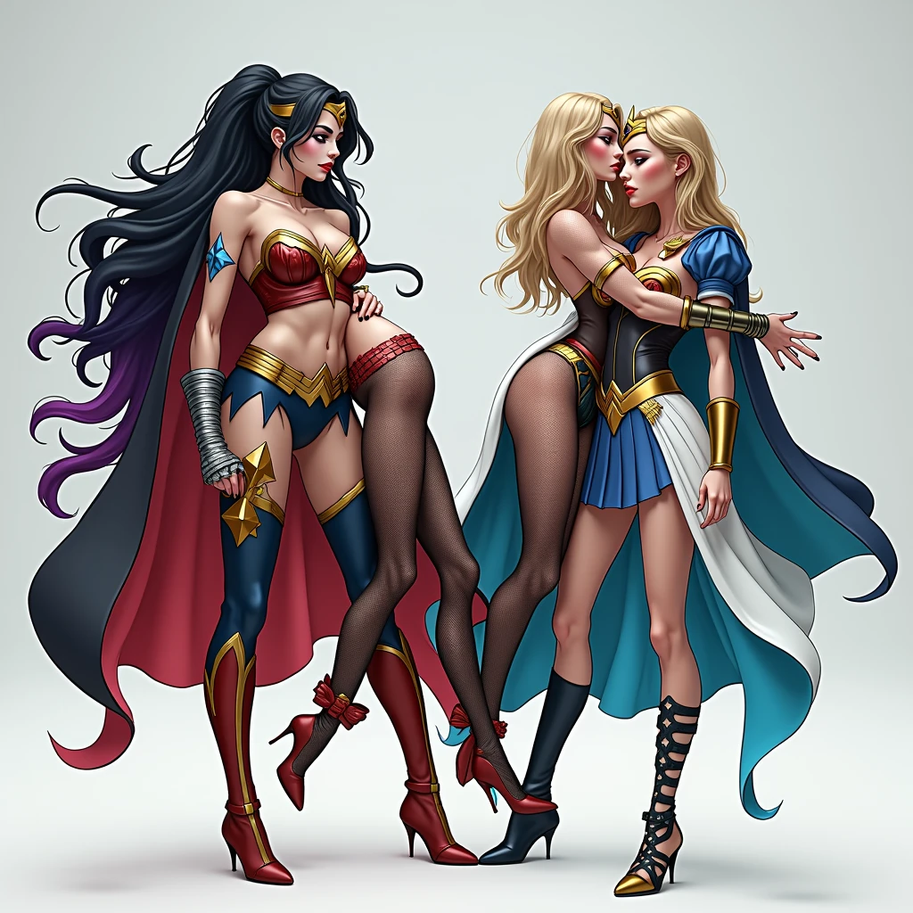 ((Full body photo, standing, feet on the ground)) score_9, score_8_up, score_7_up, score_6_up, 3girls, {{{harley quinn (colored hair, harley quinn hair, fishnet tights, back to supergirl, gladiator sandals above the knees, fishnet tights, dominatrix, red and black, navel :1.1 )}}}, [[[Wonder Woman (bracelets, collar, handcuffs, black hair, tiara, Supergirl back, thigh-high gladiator sandal boots ,Corsets, Wonder Woman cospley, fishnet tights, corsets, navel: 1.1)}}} and "Supergirl (blonde hair, red and gold corsets, gladiator sandals above the knees, level: 1.3)", lovers, in love, lying down on the floor kissing, groping, (cinematic lighting: 1.2)
