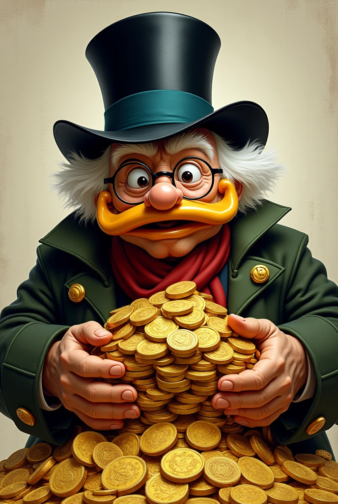 uncle scrooge with glasses holding billionaire money gold