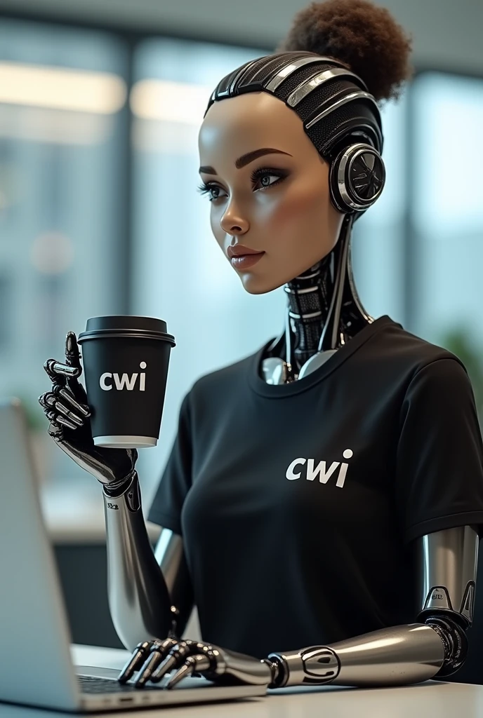 art of an avatar of a code reviewing robot with a cup of coffee and on the cup contains the letters "cwi" as a selfie and a black t-shirt with "CWI" on right side