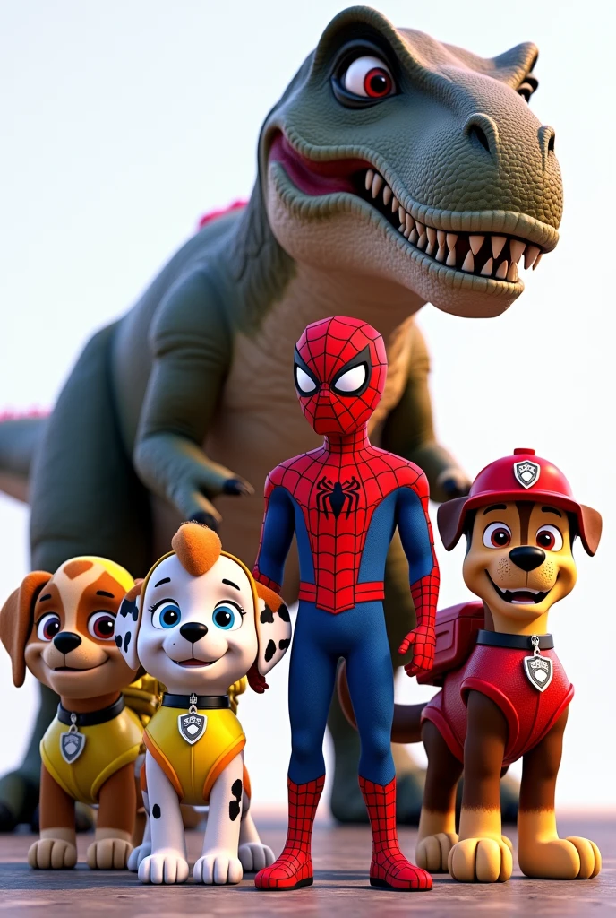 paw patrol in spiderman outfit, spiderman and dinosaur on transparent background
