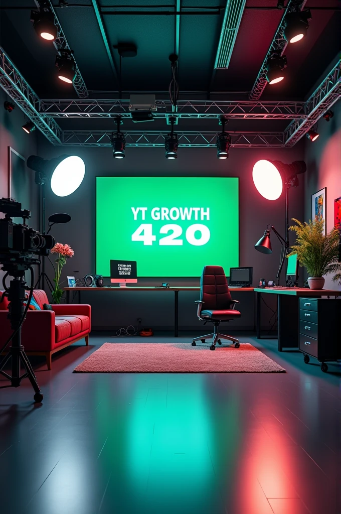 Create a YouTube studio image generator in which there will be a completely professional studio room, the background will be professional Youtuber set up and the name will also be YT Growth 420. Image size YouTube video frame size 
