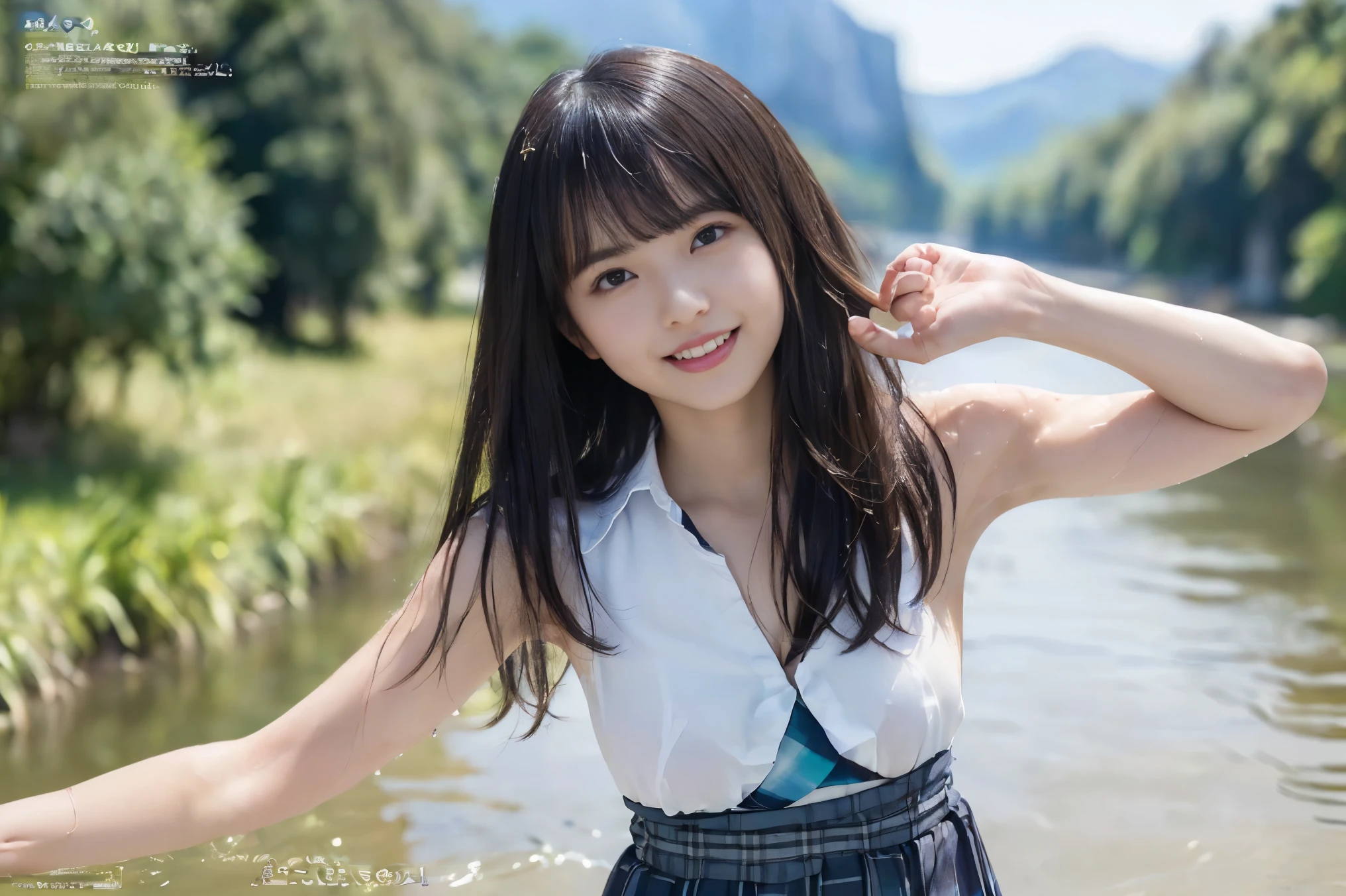 (Highest quality, masterpiece:1.2), Highest quality, Realistic, photograph, High resolution, 1080P, 8k, Physical Rendering, ((height: 155cm、Slim and slender style、medium firm chest)), ((((((Beautiful fashion models featured in Japanese fashion magazines。、Look directly at the viewer)))))), (((big, Very fine, Beautiful dark brown eyes))), ((((Everyone loves me、They are Laughter at me.!)))), Detailed fingers, (((length, Curled bangs))), ((((Very noble and cute eyes, Every detail is carefully drawn)))), ((double eyelid)), (((length eyelashes))), ((cute、Adorable、Adorable、Laughter、Laughter頬)), ((Pure white light hits my nose and cheeks. Her naked eyes and pale skin are beautifully white....(((((No makeup))))))、 (((((Her face is very expressive、With a noble smile。, so sweet, very smart))))), ((((A striking plain navy large school ribbon bow tie)))), ((((Beautiful long black hair fluttering in the wind)))), (((((((She rolled up her formal long pleated skirt, Blue and navy tartan check,))))))), ((((The size is a bit small、She lifted up her white sleeveless shirt with a gold emblem on it.., She shows off her beautiful small breasts.、Upper body nude)))), ((As elegant as a noble princess)), (((((Girls exposing their breasts in the river in the valley)))))), ((from before, Create a striking image..))