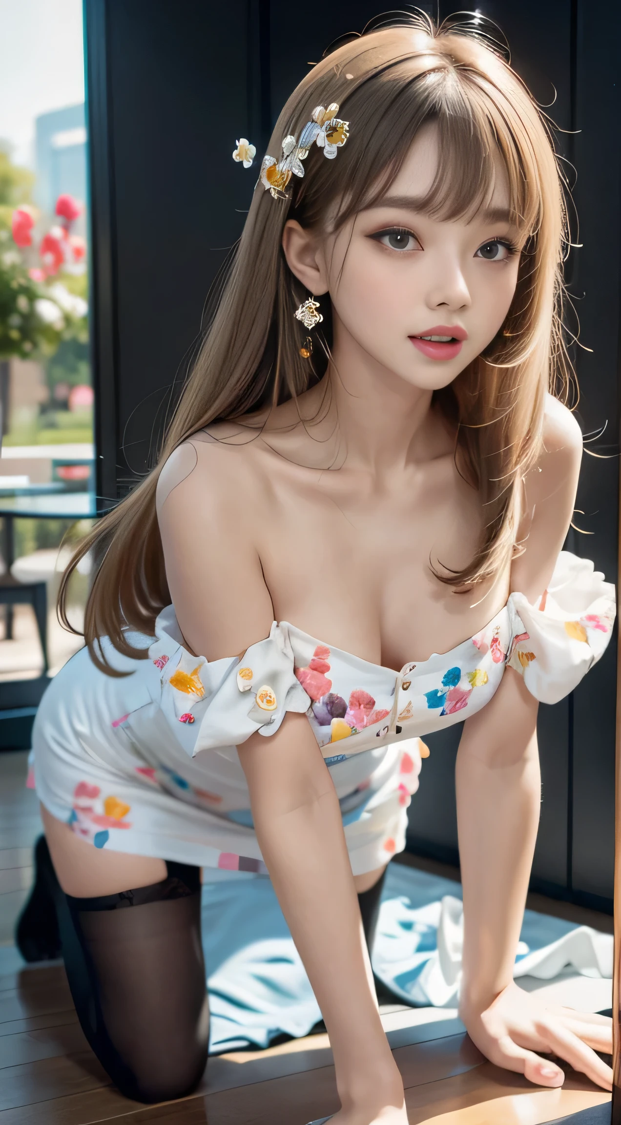 ((Girl getting on all fours in office)),(((posterior view)))、 Silver hair, Bangs, Blunt bangs, Long straight hair, aqua eyes, longeyelashes, Solid Circle Eyes, makeup, Open mouth, blush, Parted lips, Bright pupils, smiley, Seductive smile, glint, surrealism, Modern、Black pantyhose、high-heels、((Pure white dress、Floral dress、、off shoulders、up skirt: 1.6))、Skyscrapers are hazy in the windows、mix4、((Black lace panties))、