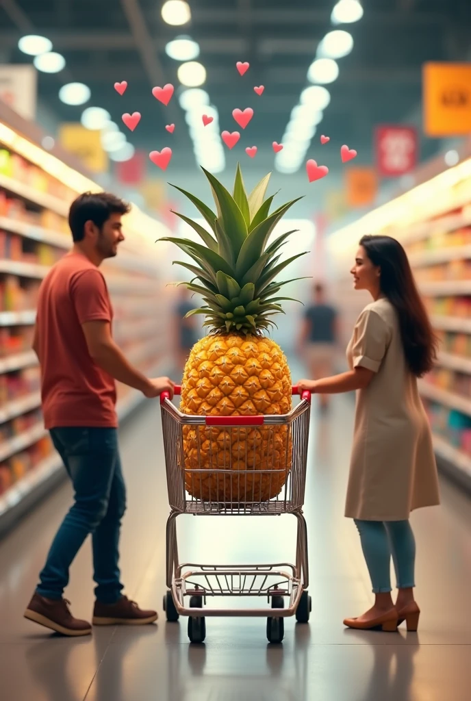 A tiny pineapple turned upside down inside a shopping cart, with hearts around and a man and a woman in love pushing the cart inside the supermarket 