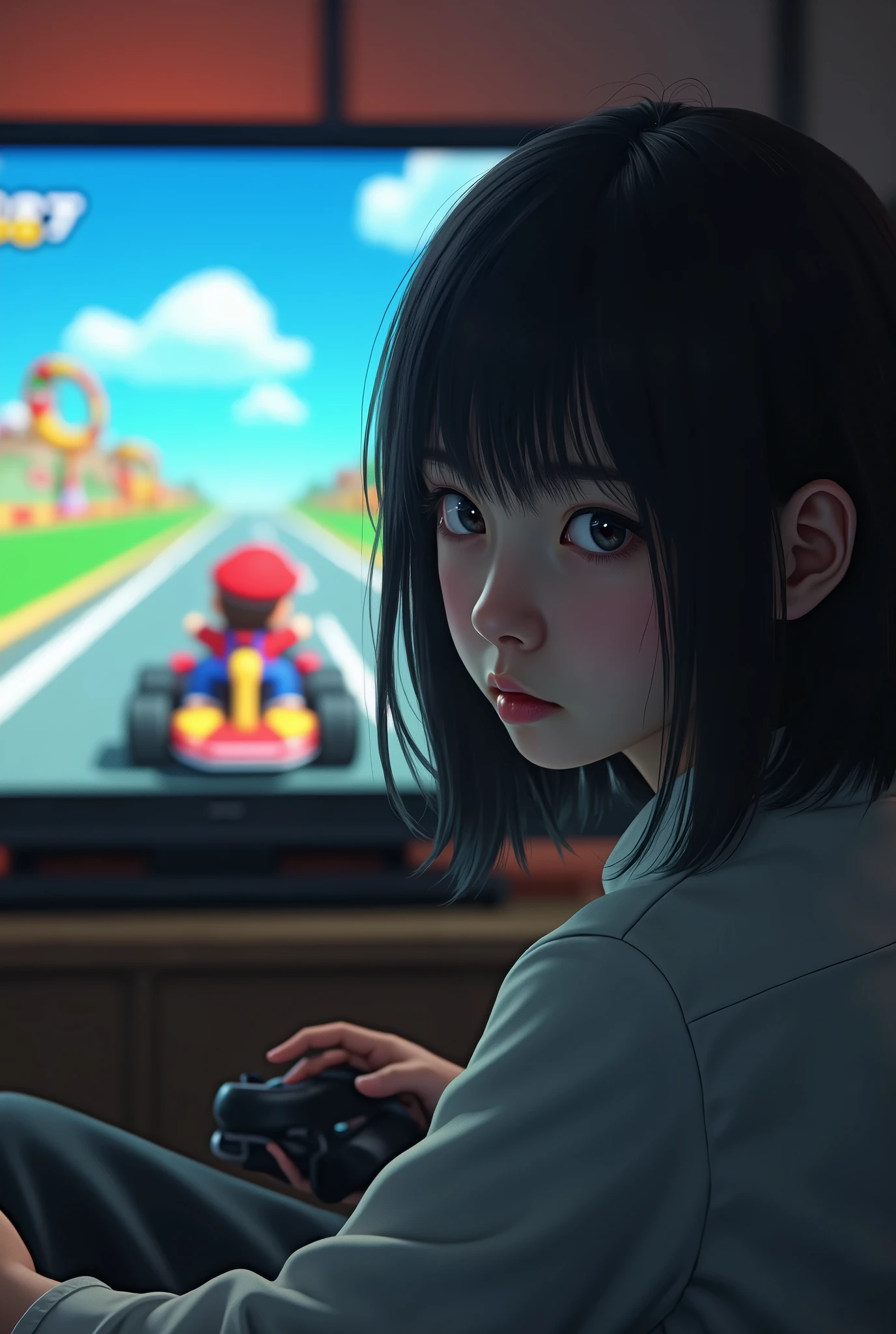 Depressed girl、Japanese、Black Hair、Bobcut、Mario Kart、race、Real、Finish like a photo