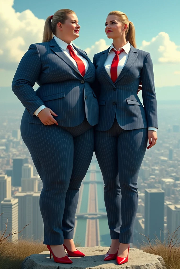 two giant curvy lesbian women full body view giga giantess  giant art massive 
 beyond compared to any large city  huge breasts light navy blue pinstriped suit white tailored shirt done up thick and very large Windsor knot red tie Has ponytail   Wearing a pair of  red platform heels Professional attire A look of enjoyment, Beautiful appearance, smile, kissing  (satellite view)giga goddess