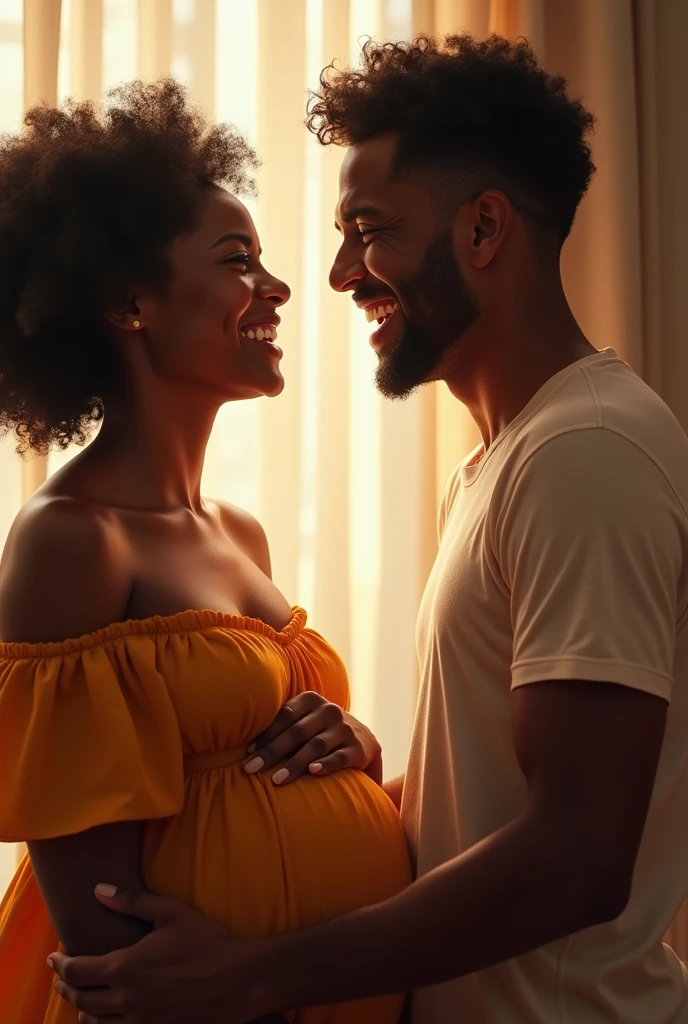 Pregnant black woman laughing with white man
