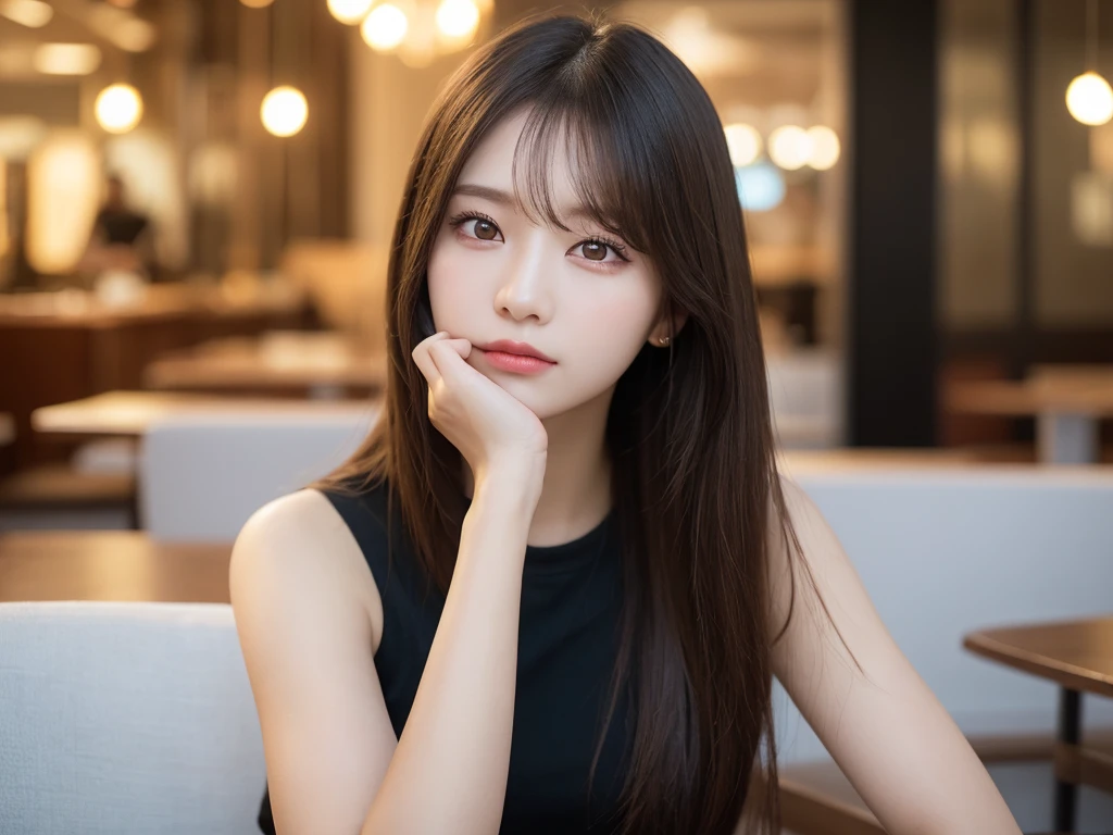 ((Ultra-realistic photos, ultra-high quality, 8k)),
Photo,Portrait,Korean K-pop girl,Highlights straight hair,Sitting in front of restaurant,Wearing clothes,Smooth skin and hair,Edge lighting,Studio lighting,Looking at camera,DSLR camera,Clear focus,Clear focus point,DOF,Film grain,FUJIFILM XT3,Crystal clear,8K UHD,Highly detailed glossy eyes,Highly detailed skin,Large pores,Portrait,High sharpness,Very detailed,Photography
