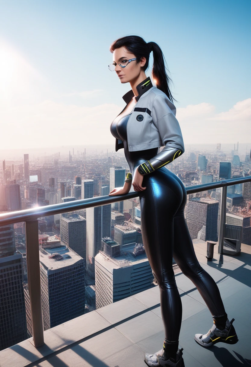 score_9, score_8_up, score_7_up, score_6_up, Photorealistic, real photo, god rays, 1girl, black hair, long straight hair, ponytail, blue eyes, large breasts, square glasses, tight bodysuit, cropped jacket, cyb0rg, science fiction, cable, mechanical parts, rooftop, cyberpunk city skyline, flying vehicule, neons,