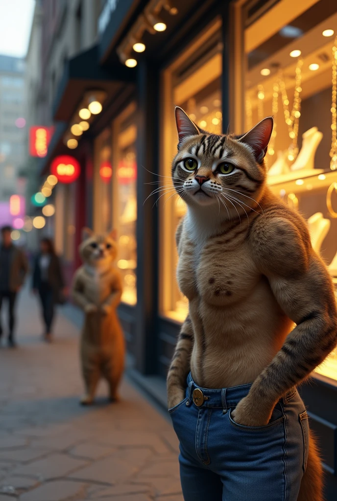 Create a photorealistic image of a six pack father cat wearing jeans outfit The father cat, with wide, frantic eyes, glances across the street at a fancy jewelry shop, lit up with sparkly necklaces and rings in the windows. The background shows a bustling street filled with other cats walking by.