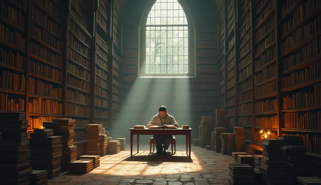 An old library with shelves full of books, a person reading at a table. Soft light enters through the windows. The atmosphere is cozy and quiet, transmitting wisdom and learning.
