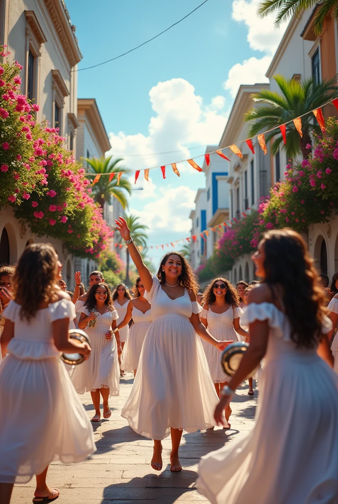 Image of a renovated city, with new buildings and streets full of smiling people. Dressed in white celebrating freedom in Venezuela filled with much joy with dancing and tambourines and many flowers celebrating