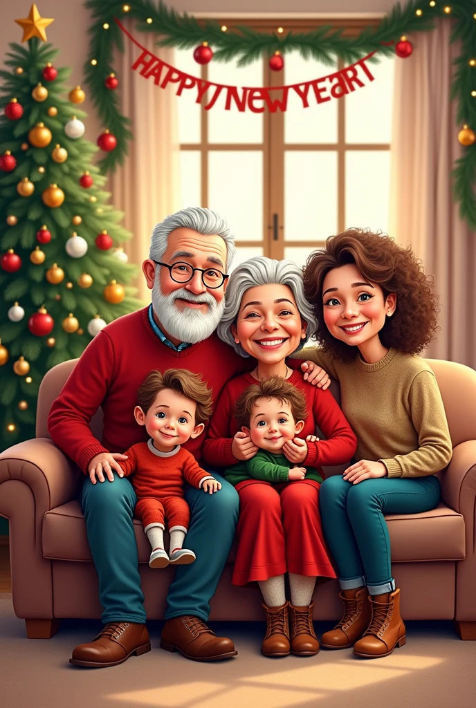 Vector drawn image with black outline for the drawing, in landscape mode, a grandfather and grandmother sitting on a sofa, happy with their eldest daughter, behind them their eldest son and his wife, and their young daughter and her husband, and in front of them their grandchildren, a girl and a boy, are playing, and everyone is wearing Christmas clothes, and a Christmas tree in the background and a banner written on it, Happy New Year ,The picture is drawn as a caricature, using vector and colored linear drawings with high details.