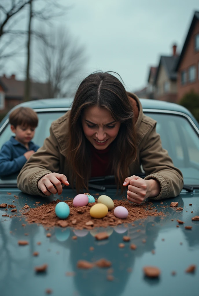 angry breaking chocolate eggs on the hood of a car and her younger sister and her younger brother sad