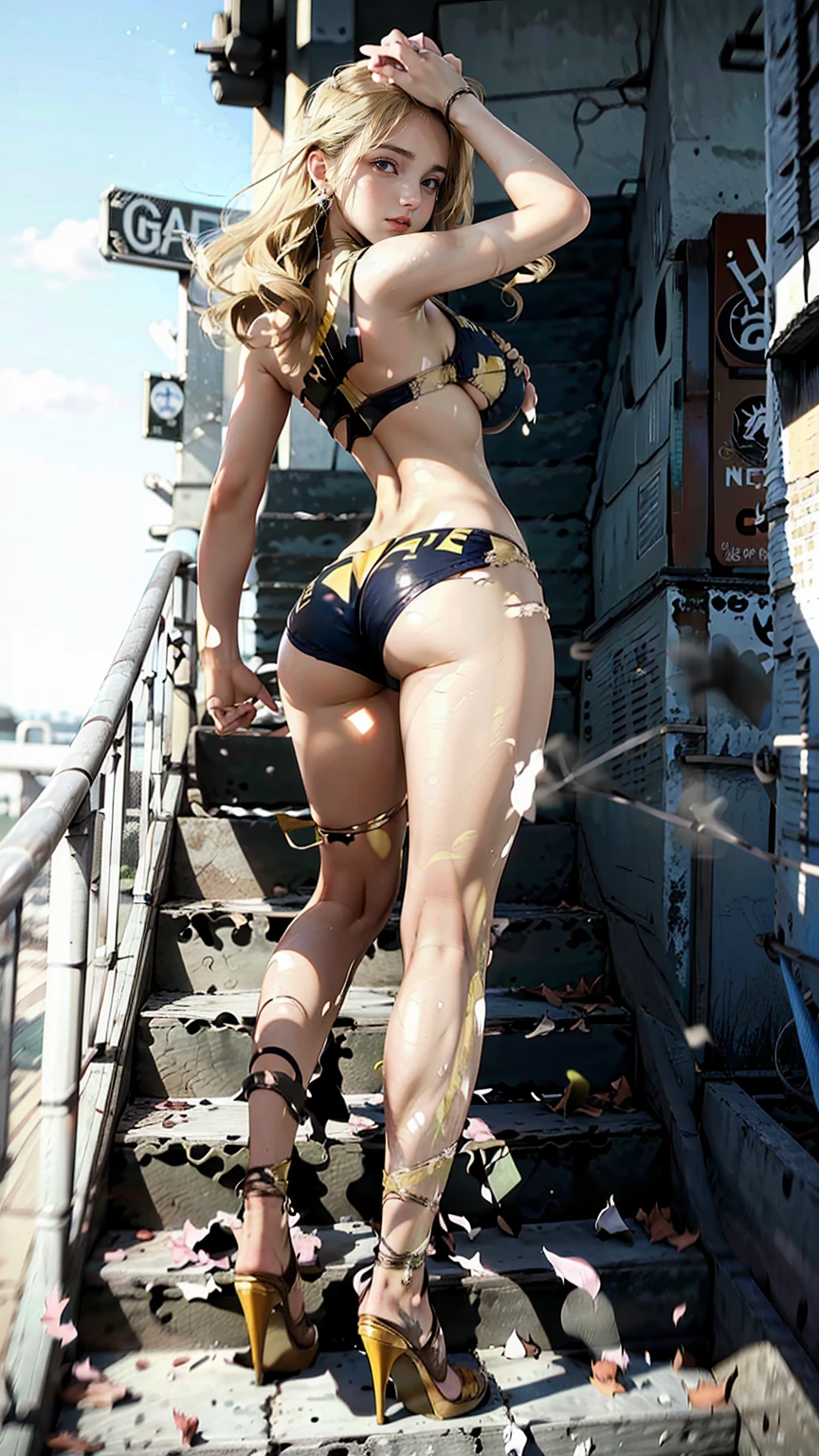 1 Caucasian woman, Gradient color from blonde to purple, blue eyes, semi-long, my hair is wavy, I can see the belly button, My abs are cracked, Slender but well-proportioned muscular body, smile, (((wearing a torn yellow bikini, torn girly bikini, microbikini:1.1))), ((bikini tan, black skinned girl)),ass focus, looking at viewer, looking over shoulder, toned body, slender, Wearing high heels, Looking back at viewer while climbing the stone stairs in the city, Perspective looking up from below, smile, large breasts, round breasts, emwt, emma watson, MFBP1, hourglass body shape