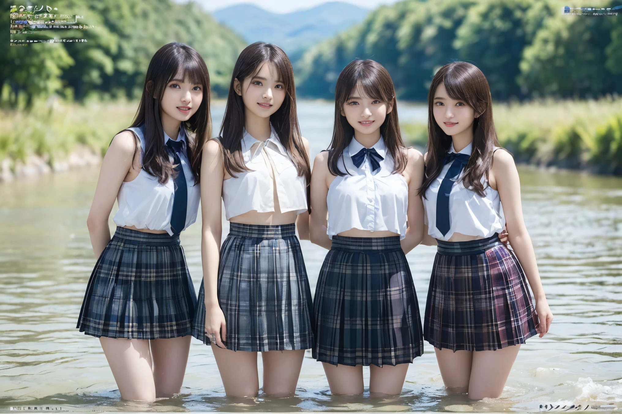 (Highest quality, masterpiece:1.2), Highest quality, Realistic, photograph, High resolution, 1080P, 8k, Physical Rendering, ((height: 155cm、Slim and slender style、medium firm chest)), ((((((Beautiful fashion models featured in Japanese fashion magazines。、Look directly at the viewer)))))), (((big, Very fine, Beautiful dark brown eyes))), ((((Everyone loves me、They are Laughter at me.!)))), Detailed fingers, (((length, Curled bangs))), ((((Very noble and cute eyes, Every detail is carefully drawn)))), ((double eyelid)), (((length eyelashes))), ((cute、Adorable、Adorable、Laughter、Laughter頬)), ((Pure white light hits my nose and cheeks. Her naked eyes and pale skin are beautifully white....(((((No makeup))))))、 (((((Her face is very expressive、With a noble smile。, so sweet, very smart))))), ((((A striking plain navy large school ribbon bow tie)))), ((((Beautiful long black hair fluttering in the wind)))), (((((((She rolled up her formal long pleated skirt, Blue and navy tartan check,))))))), ((((The size is a bit small、She lifted up her white sleeveless shirt with a gold emblem on it.., She shows off her beautiful small breasts.、Upper body nude)))), ((As elegant as a noble princess)), (((((Girls exposing their breasts in the river in the valley)))))), ((from before, Create a striking image..)).((((((Very close))))))、((((((a memory from summer２Full-body nude high school girl)))))、Shortcut Straight Hair、極めてRealisticで詳細な背景