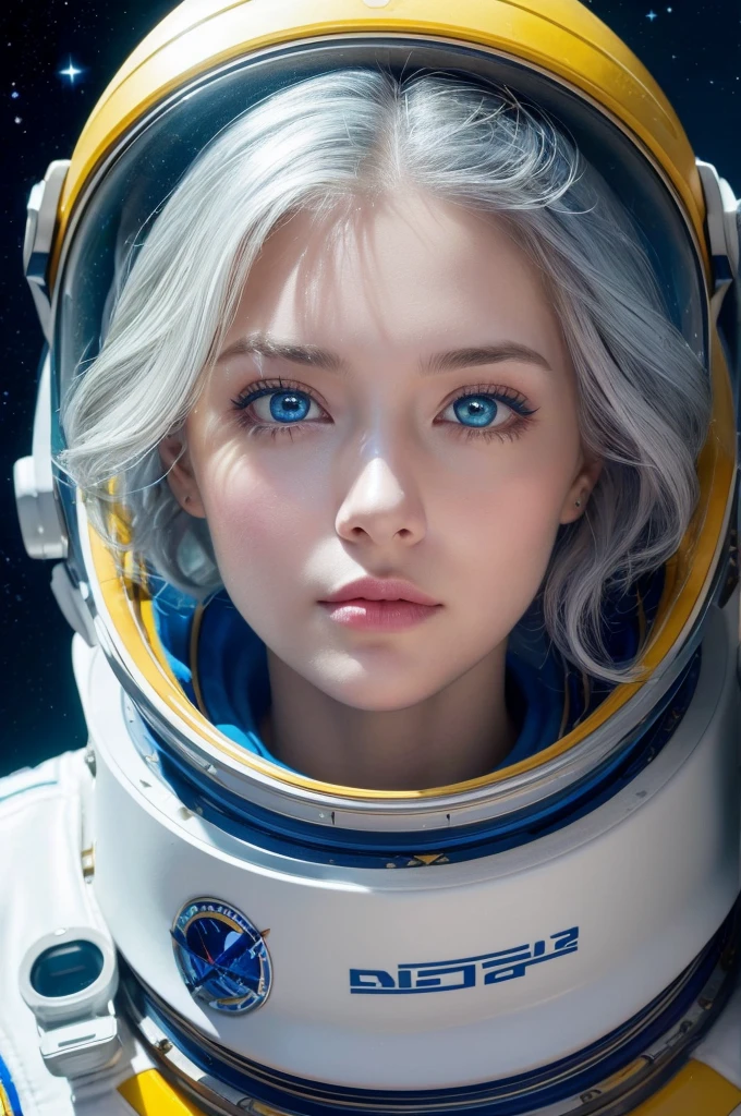 A closer look at a better masterpiece：1.5)0.9]、(Space and astronauts：1.2) (Disheveled silver hair：1.1) (Heterochromia and Yellow and Blue Eyes：1.2) (Space Helmet：1.0) (Colored stars in the eyes：1.0) (Shining Light：1.1) (Thick lips：0.9)