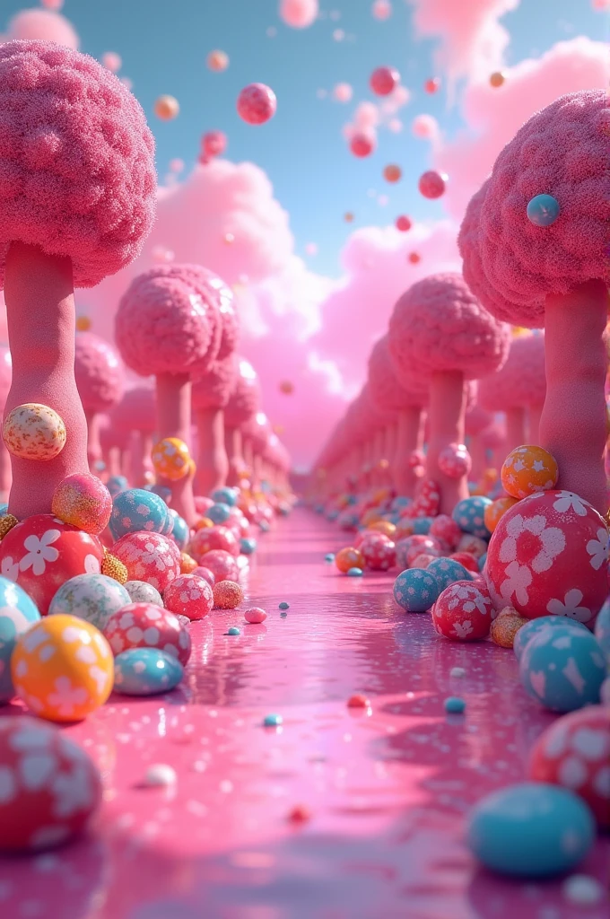 Create a 3d image of the 80s, make it with a candy-filled theme with a free space in the middle