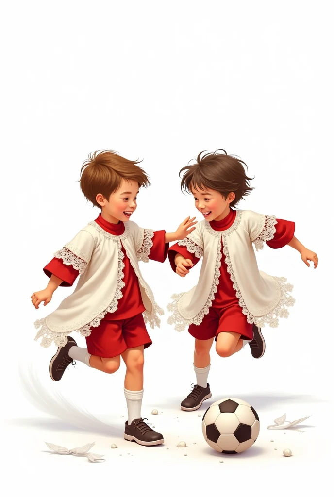two altar boys in white lace tunics and a red tunic underneath, playing soccer on a white background, soccer ball, disney drawing type