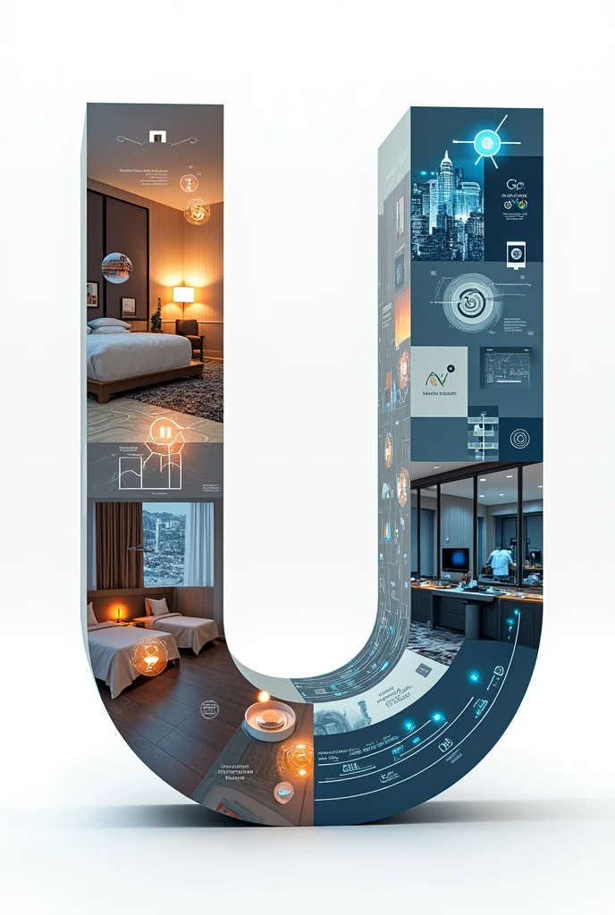 You're describing a unique visual concept where a bold letter "U" is divided into two sections. One section is filled with images related to business management, while the other is filled with images related to hotel management .