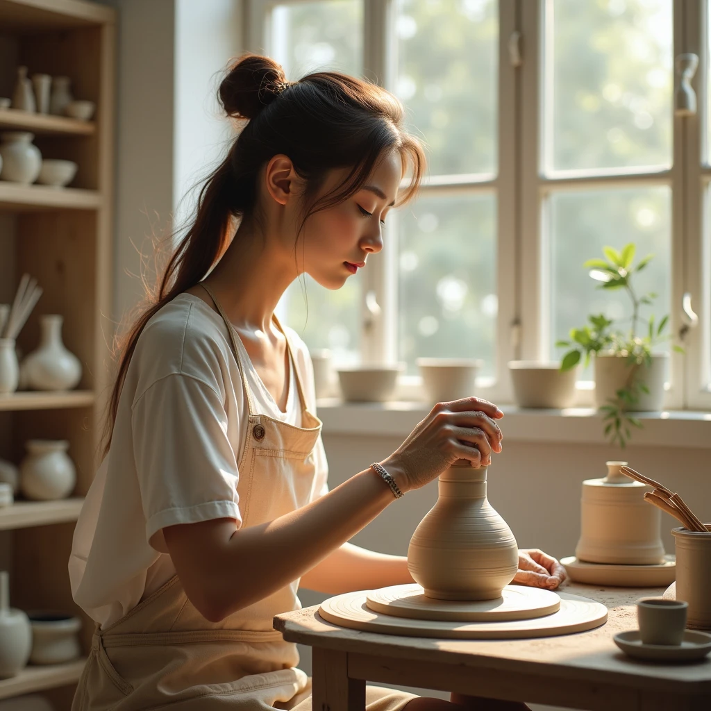 Pottery Studio、A young, beautiful woman is shaping clay on a potter&#39;s wheel