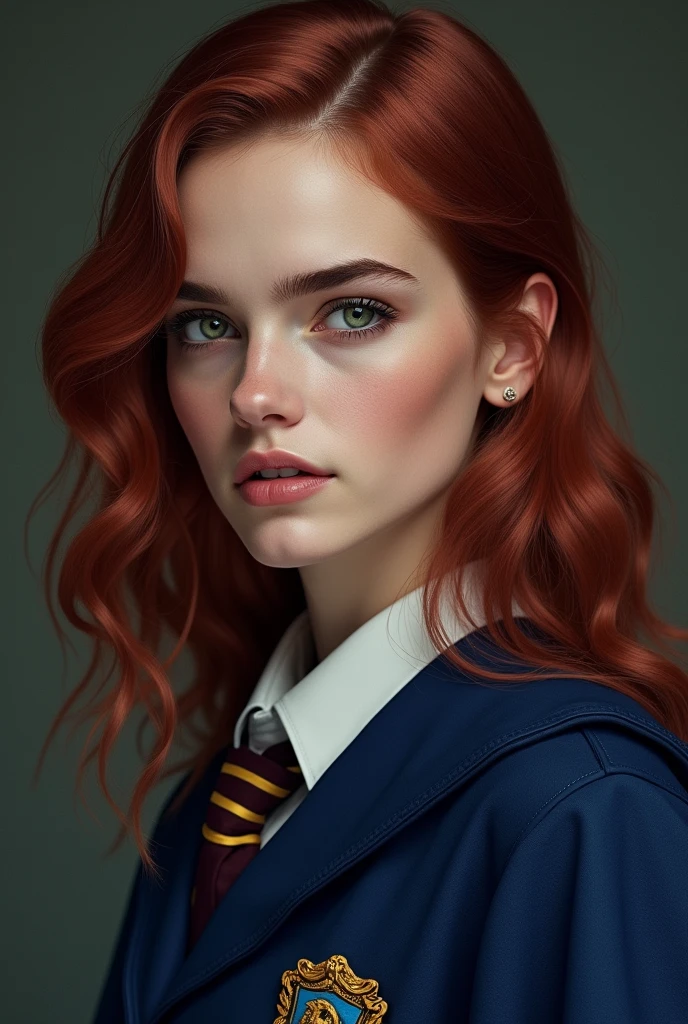  inspired by Emma Watson with medium length, very dark magenta red hair; with eyes that vary between green, gray and light brown; fair skin and blue Ravenclaw witch robes. realisitic.