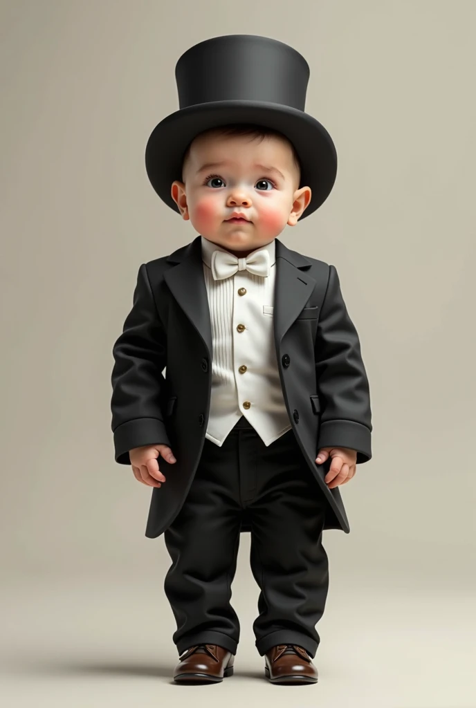 A realistic baby standing up while wearing a tuxedo and a hat