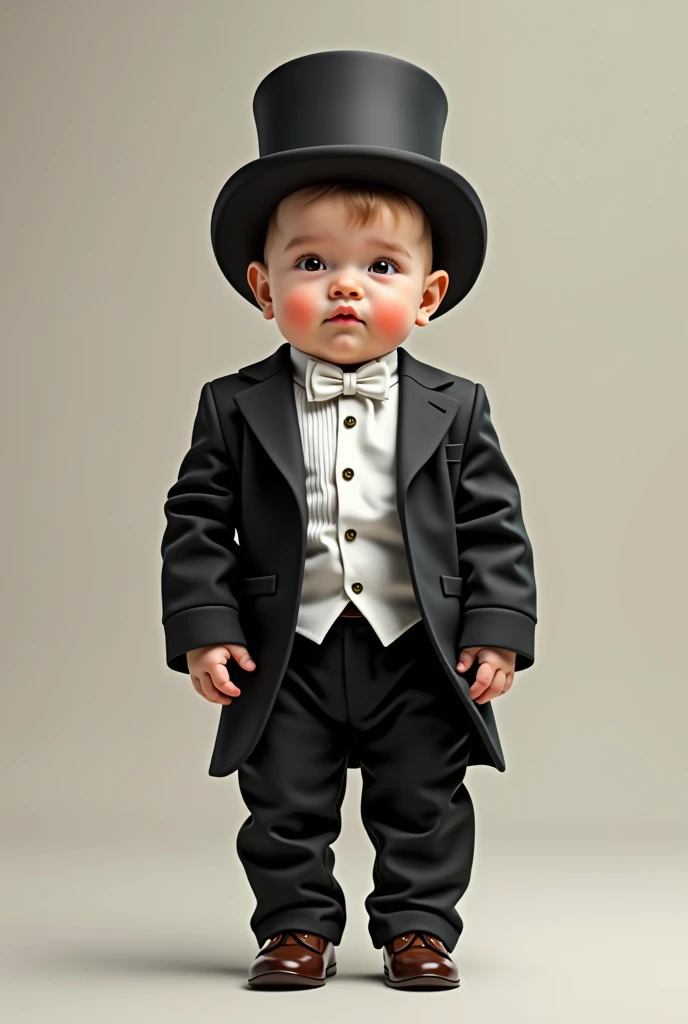 A realistic baby standing up while wearing a tuxedo and a hat