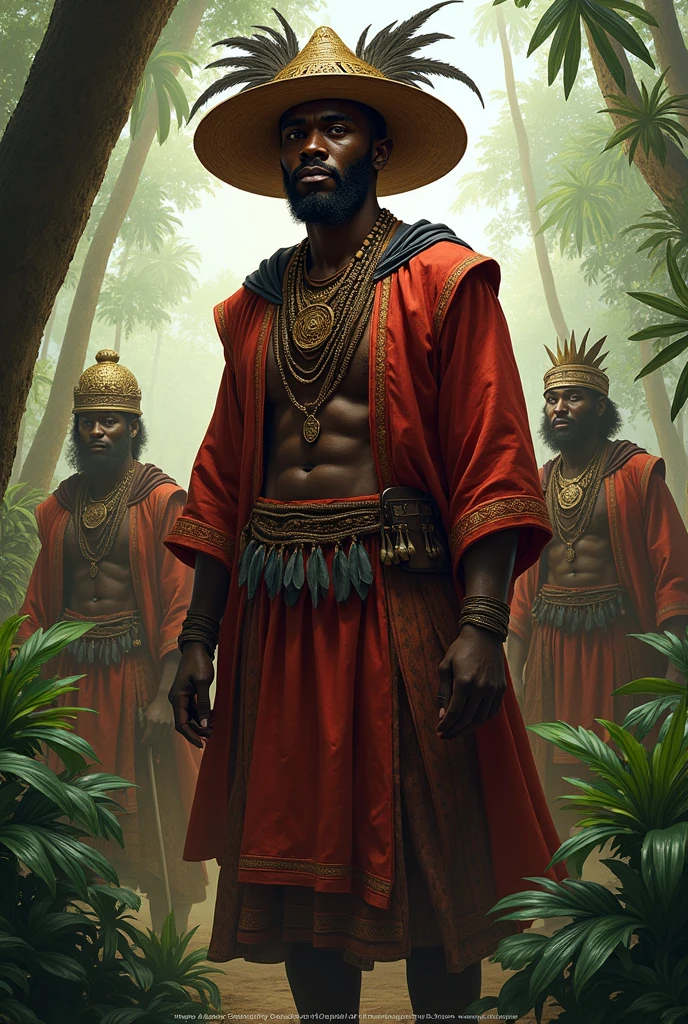 Create a digital drawing of Ganga Zumba, the leader of the Quilombo dos Palmares in Brazil. He should be depicted as a strong and dignified African warrior, with dark skin, sharp facial features, and a commanding presence. Ganga Zumba wears traditional clothing, a long robe with intricate patterns, and a wide-brimmed hat decorated with feathers. He stands tall, surrounded by lush tropical vegetation, symbolizing the dense Brazilian jungle. The drawing should capture his strength, resilience, and leadership, with other quilombo members and warriors in the background, highlighting the unity and spirit of the Quilombo de Palmares.