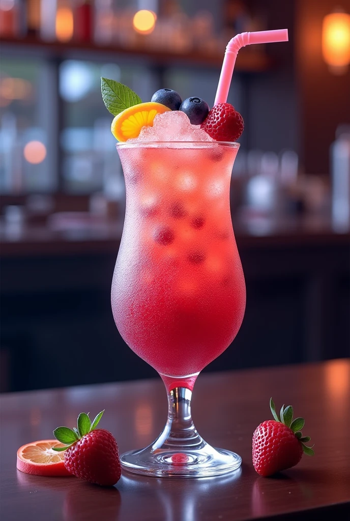 Realism frozen cocktail, vibing colors, with fruits, p