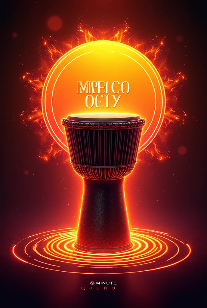 Design a 1024x1024 cover art that captures the explosive, high-energy vibe of a 5-minute Afro House track at 88 BPM in D Major. The background should feature a deep, radiant gradient transitioning from fiery orange to intense red, symbolizing the track's heat and vitality. In the center, place a large, glowing djembe drum with dynamic, pulsating sound waves emanating outward in vibrant, neon hues. Surround the drum with abstract, geometric African patterns, spiraling in rhythmic motion. Intertwine these patterns with neon synth waveforms to represent the blend of traditional and electronic elements. At the top, the track title should be in a bold, futuristic font with a metallic sheen, while the artist's name should be in a sleek, minimalist font at the bottom. Ensure the design emphasizes energy, movement, and a modern Afro-futuristic aesthetic.