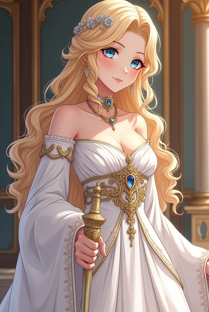 Create a 30-year-old female anime character, who has fair skin, long wavy blonde hair, blue colored eyes, tall and wearing the white clothes of a queen 