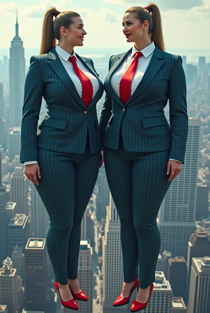 two giant curvy women full body view giga giantess  giant art massive 
 beyond compared to any large city  huge breasts light navy blue pinstriped suit white tailored shirt done up thick and very large Windsor knot red tie Has ponytail   Wearing a pair of  red platform heels Professional attire A look of enjoyment, Beautiful appearance, smile, kissing  (satellite view)giga goddess