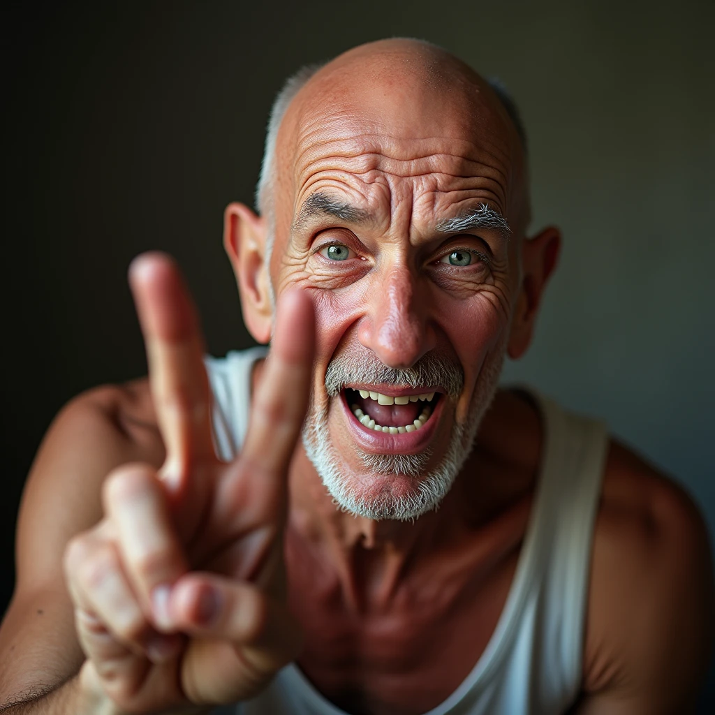 An old man making a nasty expression while making a peace sign（Tank top、Close-up of face）: "Illustrate a hyper-realistic close-up of an elderly man with a bald head, dressed in a tank top, flashing a peace sign while giving a sly, leering grin. His expression is playful and suggestive, with deep lines adding character to his face. The background is softly blurred, focusing on his mischievous and somewhat naughty expression."
