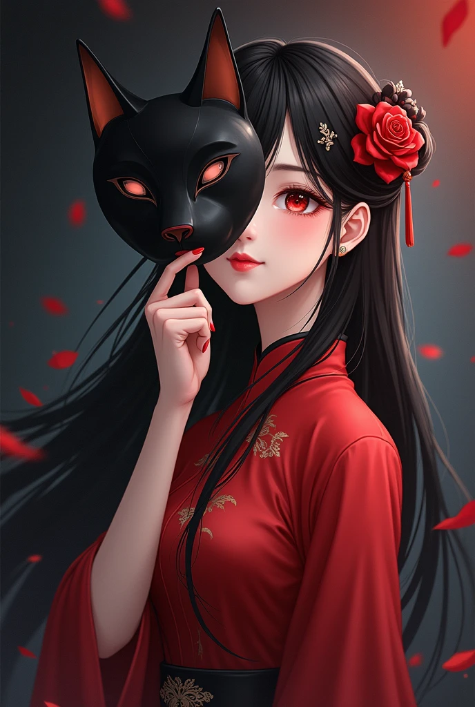 Anime chinese girl with long black hair with a rose in her hair wearing a red oriental dress holding a kitsune mask in front of her face with her right hand mask covering half of her face vertically with a mysterious dark background 